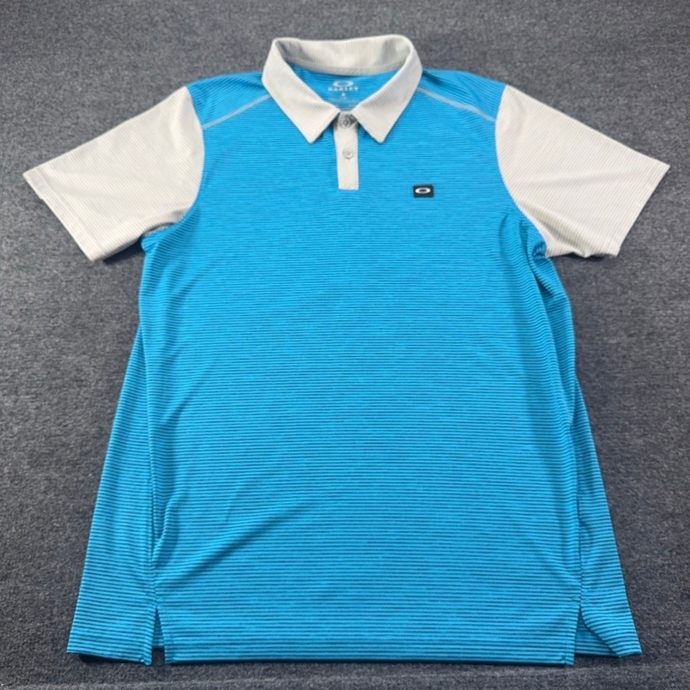 Oakley Hydrolix Golf Polo Shirt Mens Large Blue White Striped Tailored Fit EUC